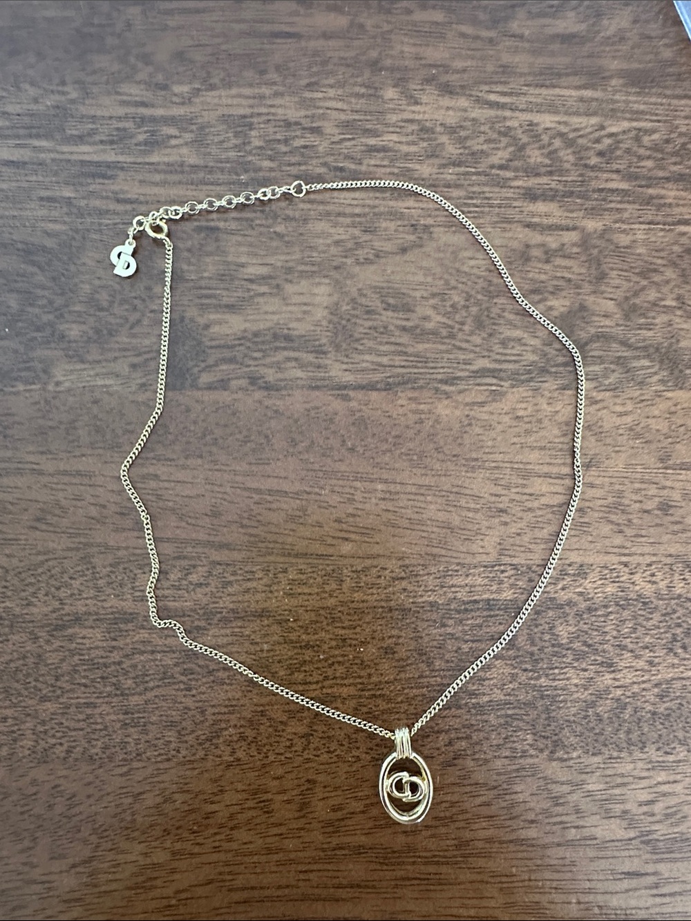 Dior Christian Dior CD Gold Double-Oval Pendant Necklace AUTH with CoA